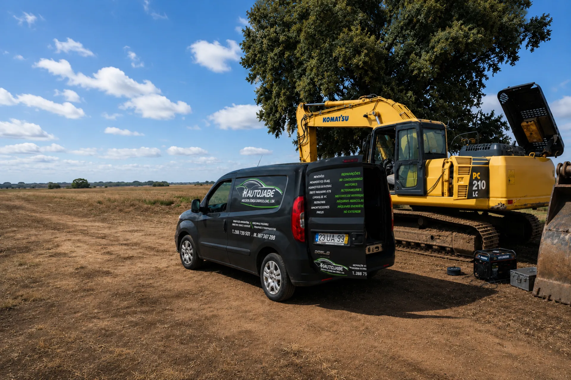 Carrinha da HautoJabe e máquina Komatsu em serviço no campo, perto de Évora